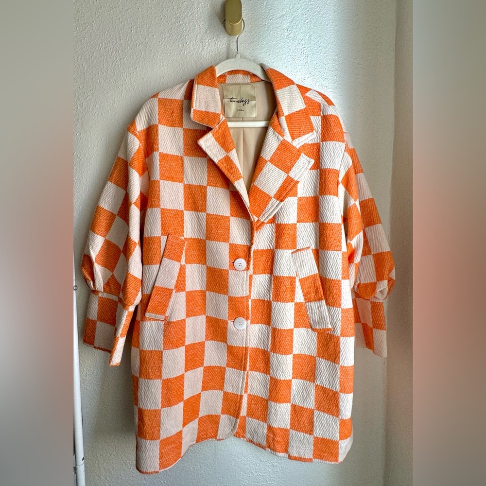 TIMELESS | Wiya Outerwear Orange White Checkered Jacket Puff Sleeve Pockets